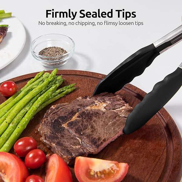 600ºF Heat Resistant Kitchen Tongs: U-Taste 9 inch Silicone Cooking Tong with Firm Sealed Non Stick Rubber Tips & Silicon Coated 18/8 Stainless Steel Handle & Smooth Locking for Serving Salad (Black) - Image 9