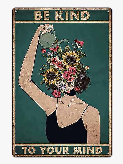 Fmcmly Be Kind to Your Mind Vintage Tin Signs Hippie Boho Wall Art Encouragement Gifts for Women Home Office Bedroom Living Room Cafes Wall Decor 8x12 Inch - Image 1