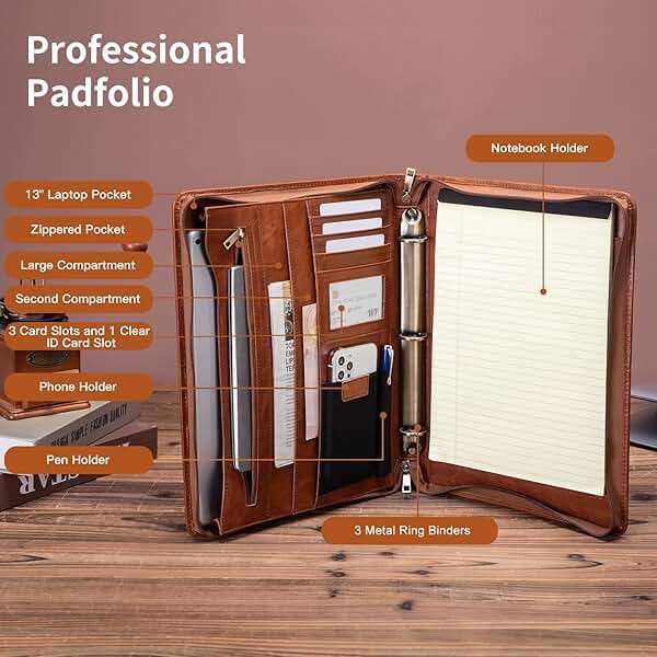 Geslun Personalized Genuine Leather Portfolio with 3 Ring Binder, Full Grain Leather Padfolio Zippered, A4 Notebook Holder Customized Professional Folder Organizer Gift for Men and Women, Oil Tanned - Image 6