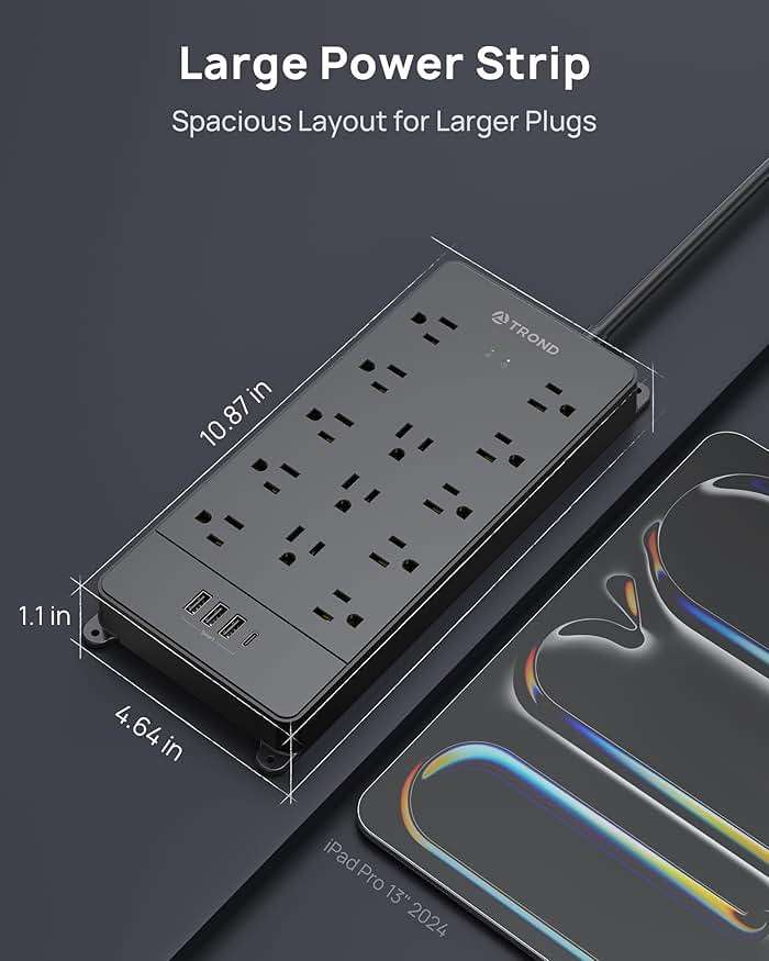 TROND Surge Protector Power Strip 15 ft Cord - Long Extension Cord, 13 Widely-Spaced Outlets Expansion with USB C Ports, 4000 Joules, Flat Plug, Wall Mount, ETL Listed, Office Desk Accessory, Black - Image 6