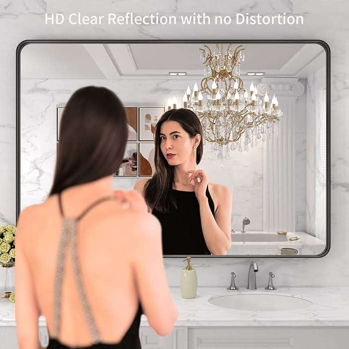 LOAAO 48X32 Inch Black Metal Framed Bathroom Mirror for Wall, Matte Black Bathroom Vanity Mirror Farmhouse, Large Rounded Rectangle Mirror, Anti-Rust, Tempered Glass, Hangs Horizontally or Vertically - Image 3