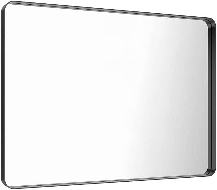 LOAAO 48X32 Inch Black Metal Framed Bathroom Mirror for Wall, Matte Black Bathroom Vanity Mirror Farmhouse, Large Rounded Rectangle Mirror, Anti-Rust, Tempered Glass, Hangs Horizontally or Vertically - Image 4