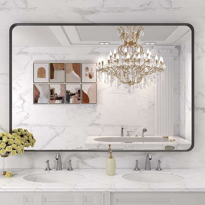 LOAAO 48X32 Inch Black Metal Framed Bathroom Mirror for Wall, Matte Black Bathroom Vanity Mirror Farmhouse, Large Rounded Rectangle Mirror, Anti-Rust, Tempered Glass, Hangs Horizontally or Vertically - Image 8