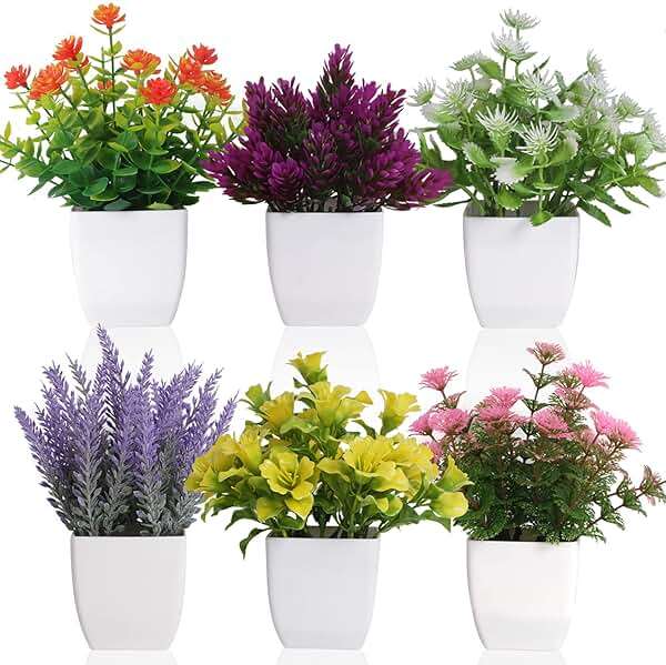 Yoratee 6pcs Artificial Pot Flowers Small Fake Plants with Pot Mini Potted Plants for House Office Tabletop Decoration - Image 1