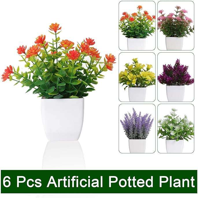 Yoratee 6pcs Artificial Pot Flowers Small Fake Plants with Pot Mini Potted Plants for House Office Tabletop Decoration - Image 4