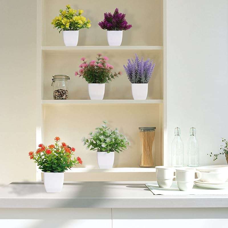 Yoratee 6pcs Artificial Pot Flowers Small Fake Plants with Pot Mini Potted Plants for House Office Tabletop Decoration - Image 5