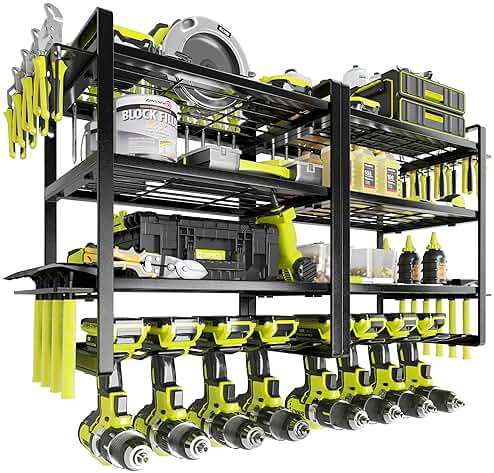 KAFAHOM Power Tool Organizer Wall Mount, 4-Tier Drill Holder for Cordless Tools, 2-Pack Set, Garage Storage Rack with Side Hooks for Hammers & Pliers, Tool Organizer for Workshop/Utility Room - Image 1