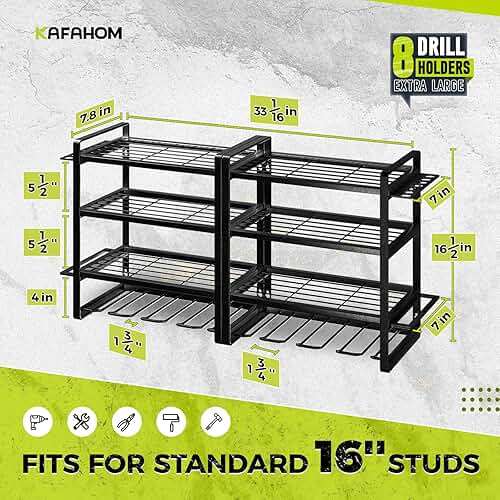 KAFAHOM Power Tool Organizer Wall Mount, 4-Tier Drill Holder for Cordless Tools, 2-Pack Set, Garage Storage Rack with Side Hooks for Hammers & Pliers, Tool Organizer for Workshop/Utility Room - Image 2