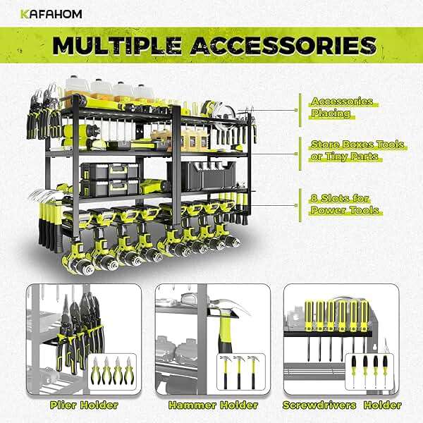 KAFAHOM Power Tool Organizer Wall Mount, 4-Tier Drill Holder for Cordless Tools, 2-Pack Set, Garage Storage Rack with Side Hooks for Hammers & Pliers, Tool Organizer for Workshop/Utility Room - Image 3