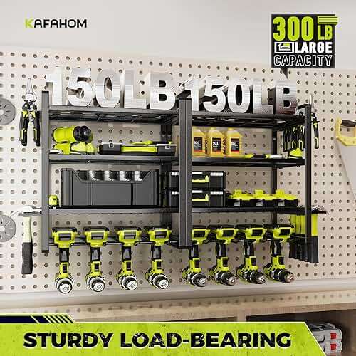KAFAHOM Power Tool Organizer Wall Mount, 4-Tier Drill Holder for Cordless Tools, 2-Pack Set, Garage Storage Rack with Side Hooks for Hammers & Pliers, Tool Organizer for Workshop/Utility Room - Image 4
