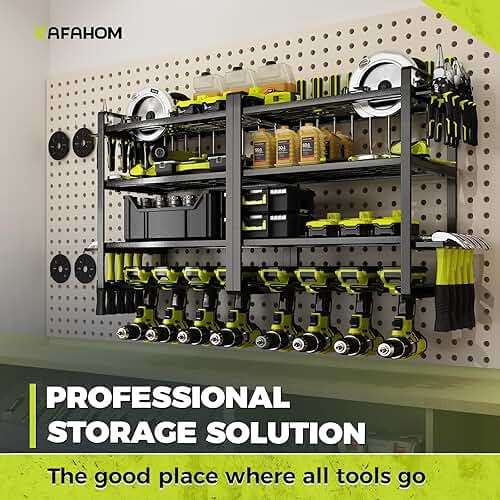 KAFAHOM Power Tool Organizer Wall Mount, 4-Tier Drill Holder for Cordless Tools, 2-Pack Set, Garage Storage Rack with Side Hooks for Hammers & Pliers, Tool Organizer for Workshop/Utility Room - Image 5