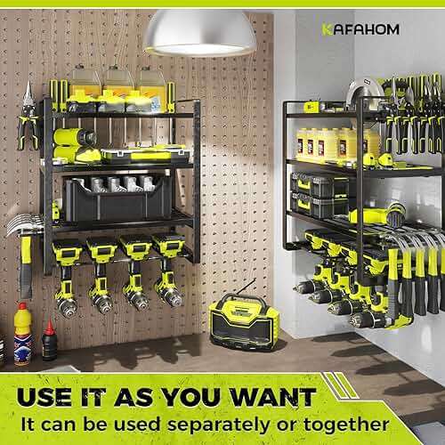 KAFAHOM Power Tool Organizer Wall Mount, 4-Tier Drill Holder for Cordless Tools, 2-Pack Set, Garage Storage Rack with Side Hooks for Hammers & Pliers, Tool Organizer for Workshop/Utility Room - Image 6