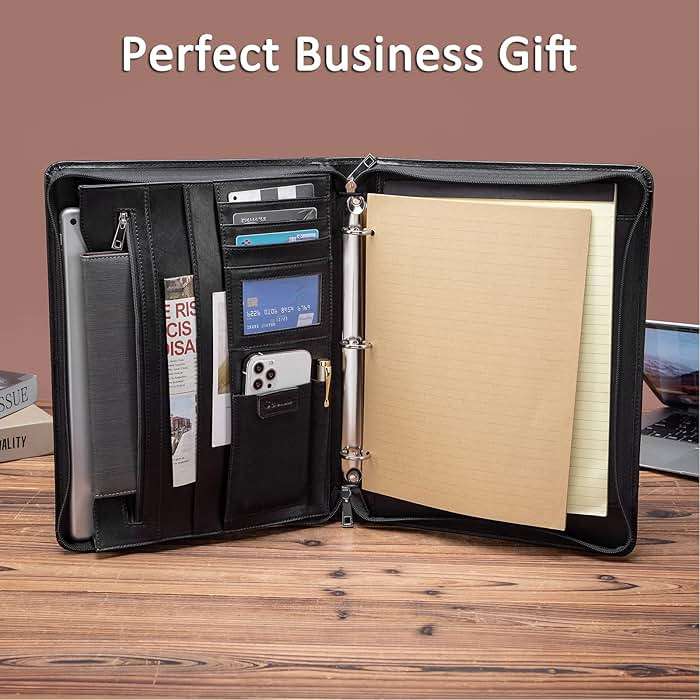 Geslun Leather Portfolio with 3 Ring Binder, Vegan Leather Padfolio Zippered, A4 Notebook Holder Laptop Sleeve Professional Business Organizer Gift for Men and Women, Black - Image 4
