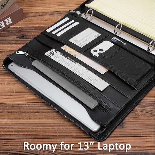 Geslun Leather Portfolio with 3 Ring Binder, Vegan Leather Padfolio Zippered, A4 Notebook Holder Laptop Sleeve Professional Business Organizer Gift for Men and Women, Black - Image 5