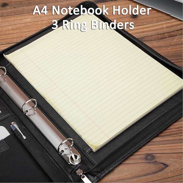 Geslun Leather Portfolio with 3 Ring Binder, Vegan Leather Padfolio Zippered, A4 Notebook Holder Laptop Sleeve Professional Business Organizer Gift for Men and Women, Black - Image 6