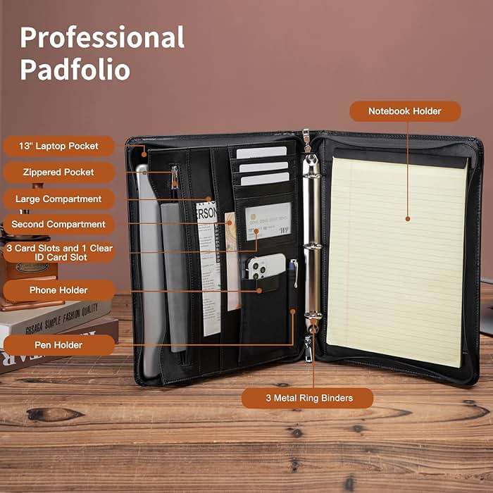 Geslun Leather Portfolio with 3 Ring Binder, Vegan Leather Padfolio Zippered, A4 Notebook Holder Laptop Sleeve Professional Business Organizer Gift for Men and Women, Black - Image 7