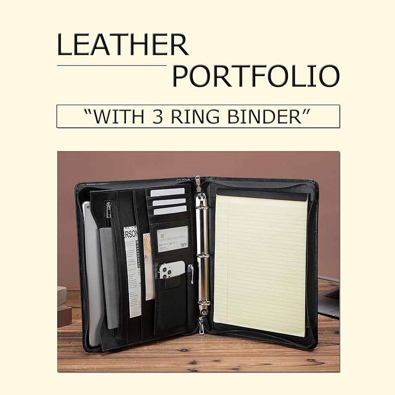 Geslun Leather Portfolio with 3 Ring Binder, Vegan Leather Padfolio Zippered, A4 Notebook Holder Laptop Sleeve Professional Business Organizer Gift for Men and Women, Black - Image 9