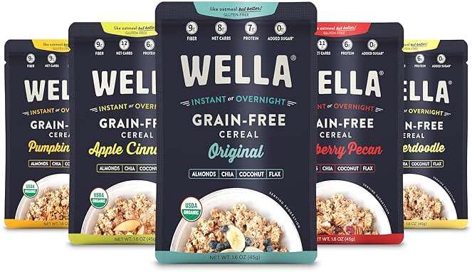 Wella Cereal Oatmeal Alternative, Gluten-Free Breakfast Hot Cereal, Grain-Free Paleo Organic Vegan High Protein Superfood, Plant-Based Non-GMO, Low in Net Carbs, Single-Serve Packets, Variety Pack (5 Count, 1.6 oz. Packets) - Image 1