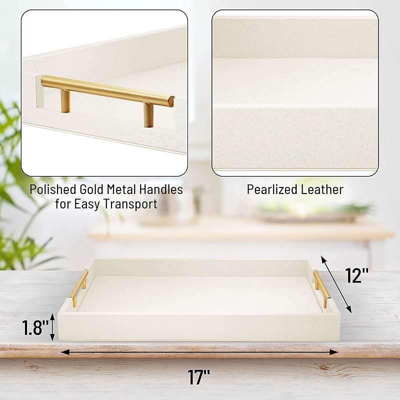 ATZYmolin 17" x 12" Wood Serving Tray with Gold Polished Metal Handles, Home Decorative Wooden Rectangle Ottoman Leather Decor Platter Bathroom Vanity Tray for All Occasions White - Image 3