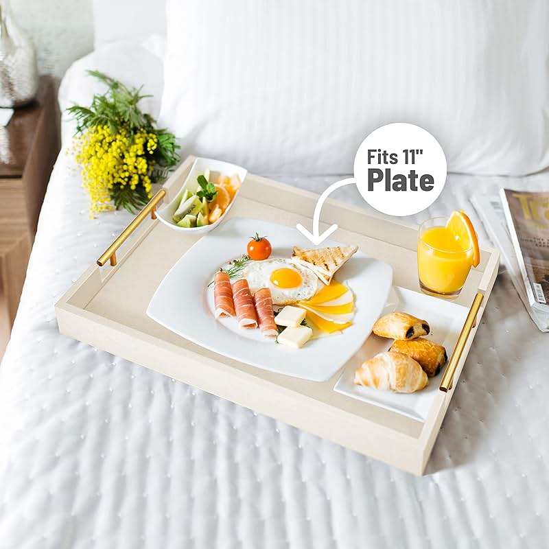 ATZYmolin 17" x 12" Wood Serving Tray with Gold Polished Metal Handles, Home Decorative Wooden Rectangle Ottoman Leather Decor Platter Bathroom Vanity Tray for All Occasions White - Image 4