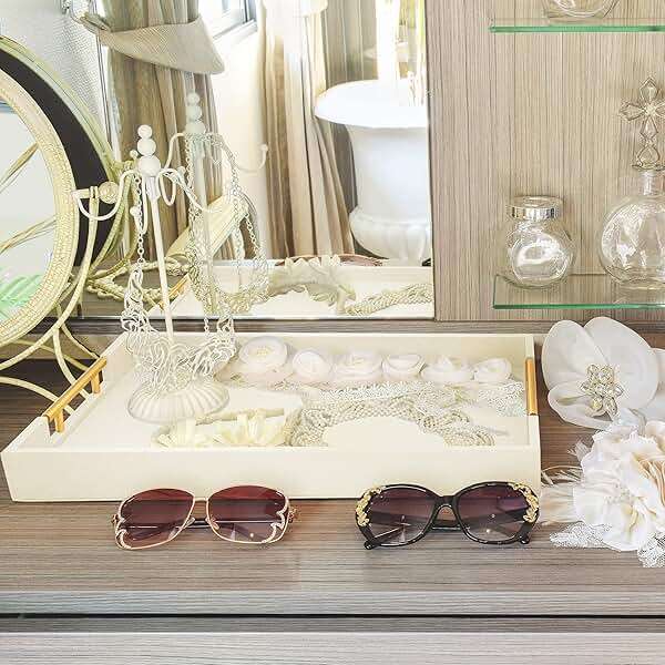 ATZYmolin 17" x 12" Wood Serving Tray with Gold Polished Metal Handles, Home Decorative Wooden Rectangle Ottoman Leather Decor Platter Bathroom Vanity Tray for All Occasions White - Image 6
