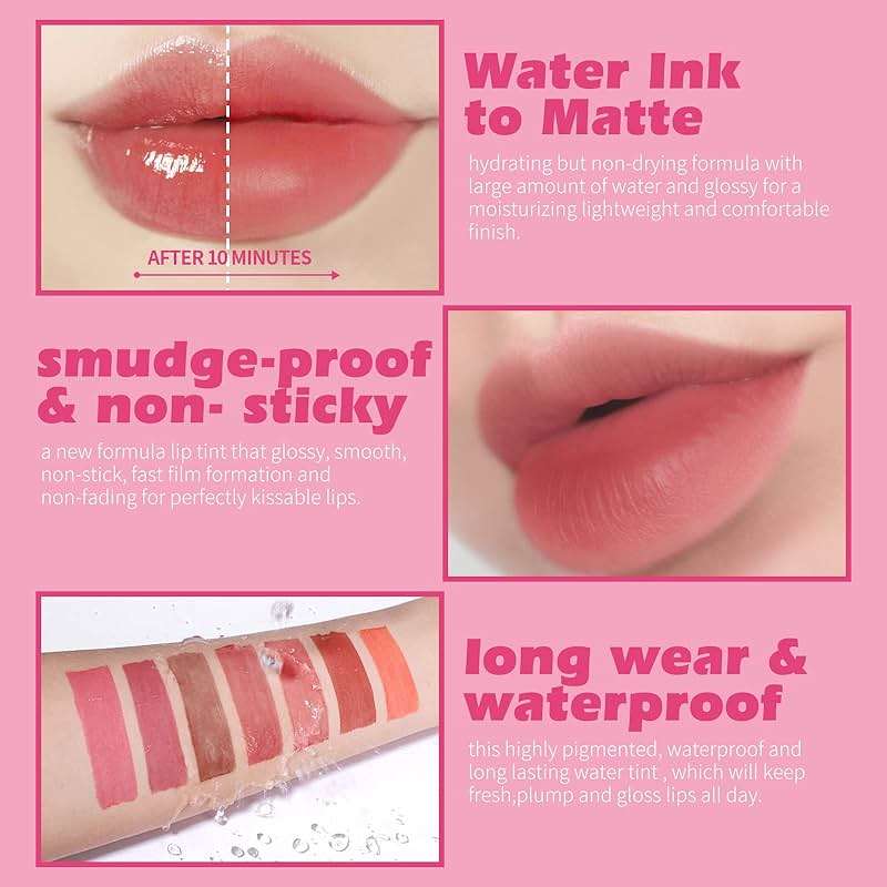 KIMUSE Water Gel Lip Tint 6 Colors Set, Highly Pigmented Long Lasting Moisturizing Glossy Lip Stains, Hydrate Lightweight Lip Gloss Makeup - Image 2