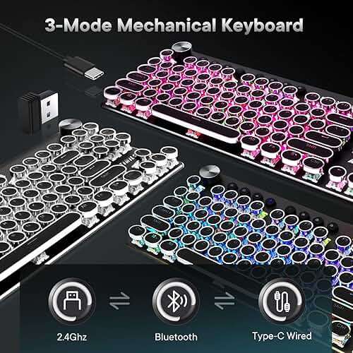 WOTIMILON Wireless Typewriter Keyboard Mechanical TKL, 2.4G/BT5.0/Wired WM87 Retro Vintage Gaming Keyboard Typewriter Style with Punk Round Keycaps True RGB Backlit, 2 Control Knobs, Clicky Switch - Image 2