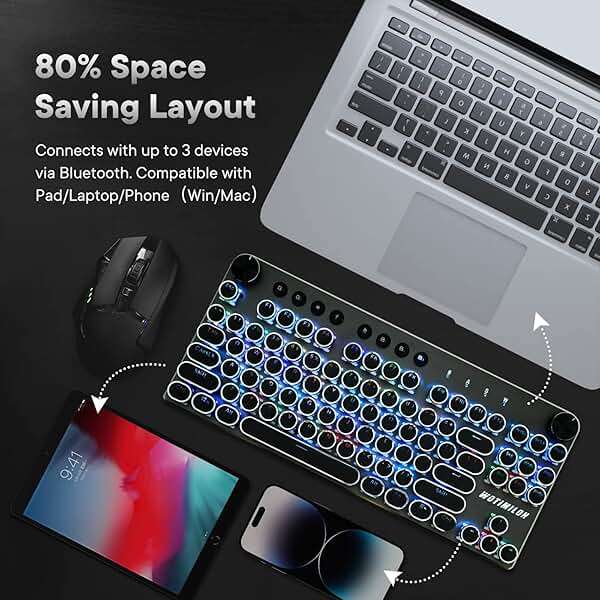 WOTIMILON Wireless Typewriter Keyboard Mechanical TKL, 2.4G/BT5.0/Wired WM87 Retro Vintage Gaming Keyboard Typewriter Style with Punk Round Keycaps True RGB Backlit, 2 Control Knobs, Clicky Switch - Image 5