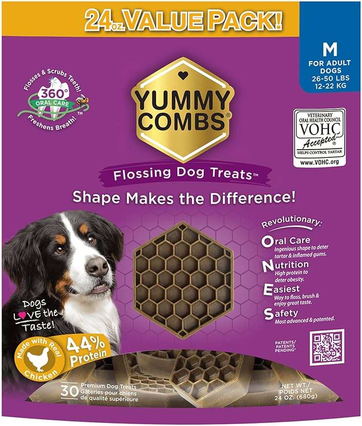 Yummy Combs Dog Dental Treats – Vet VOHC Approved – Delicious Chicken Protein – Removes Tartar with Cleaning Comb Shape – Dental Dog Treats for Medium Dogs (24oz, 30 Count) - Image 1