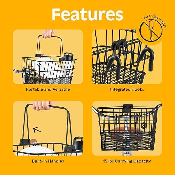 Retrospec Apollo Detachable Front Bike Basket Steel Half-Mesh with Integrated Detachable Hooks and Built-In Handle, Easy Assembly and Portability for Bicycles - Image 3