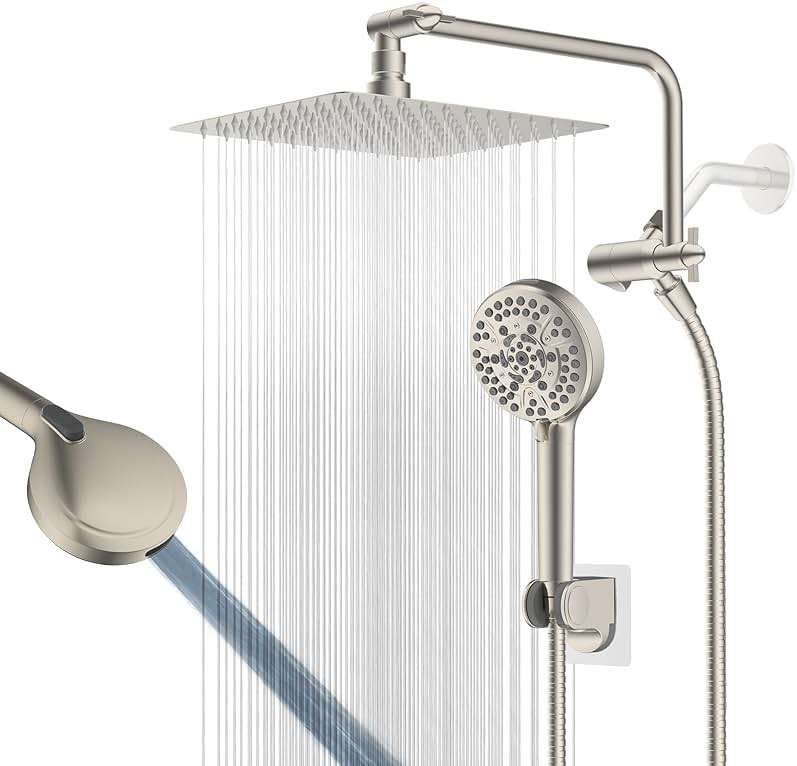 All Metal Shower Head, 10" High Pressure Rainfall/Handheld Shower Combo with 11" Extension Arm, 10-Spray Handheld Showerhead, 71" Long Hose, 3-Way Diverter Valve, Brushed Nickel - Image 1