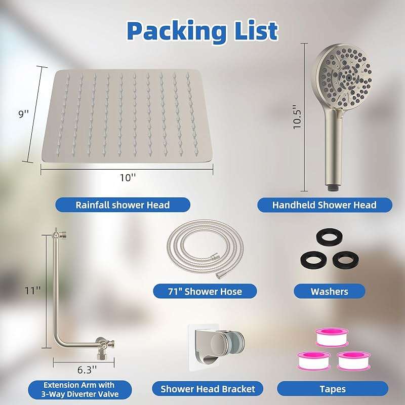 All Metal Shower Head, 10" High Pressure Rainfall/Handheld Shower Combo with 11" Extension Arm, 10-Spray Handheld Showerhead, 71" Long Hose, 3-Way Diverter Valve, Brushed Nickel - Image 2