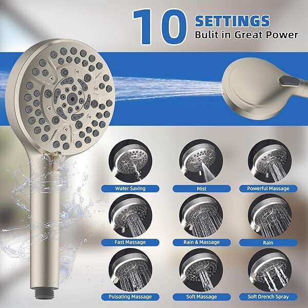 All Metal Shower Head, 10" High Pressure Rainfall/Handheld Shower Combo with 11" Extension Arm, 10-Spray Handheld Showerhead, 71" Long Hose, 3-Way Diverter Valve, Brushed Nickel - Image 3