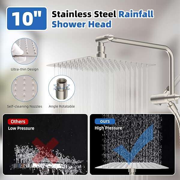 All Metal Shower Head, 10" High Pressure Rainfall/Handheld Shower Combo with 11" Extension Arm, 10-Spray Handheld Showerhead, 71" Long Hose, 3-Way Diverter Valve, Brushed Nickel - Image 4