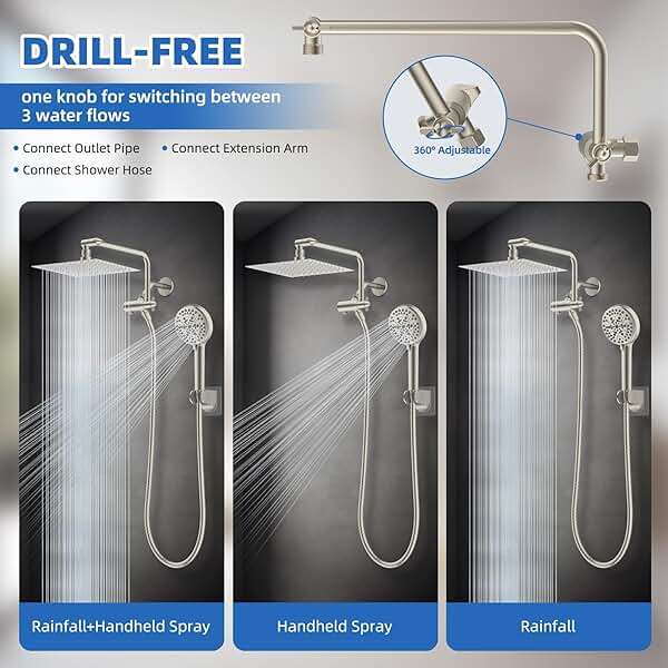 All Metal Shower Head, 10" High Pressure Rainfall/Handheld Shower Combo with 11" Extension Arm, 10-Spray Handheld Showerhead, 71" Long Hose, 3-Way Diverter Valve, Brushed Nickel - Image 6