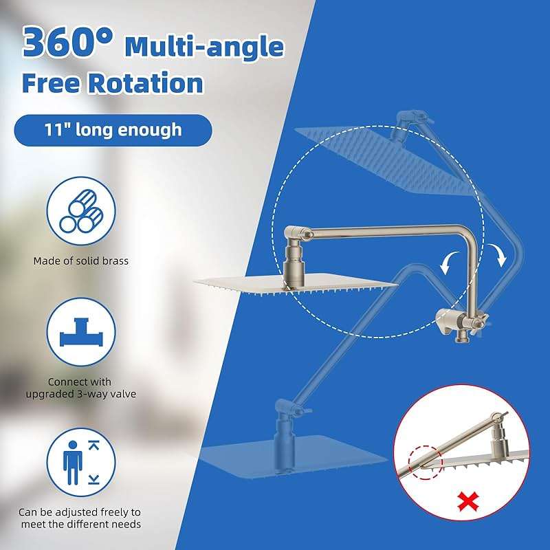 All Metal Shower Head, 10" High Pressure Rainfall/Handheld Shower Combo with 11" Extension Arm, 10-Spray Handheld Showerhead, 71" Long Hose, 3-Way Diverter Valve, Brushed Nickel - Image 7