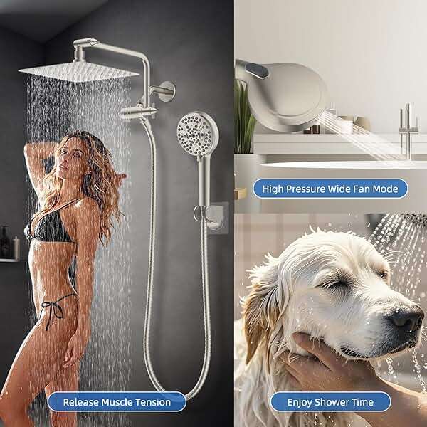 All Metal Shower Head, 10" High Pressure Rainfall/Handheld Shower Combo with 11" Extension Arm, 10-Spray Handheld Showerhead, 71" Long Hose, 3-Way Diverter Valve, Brushed Nickel - Image 8