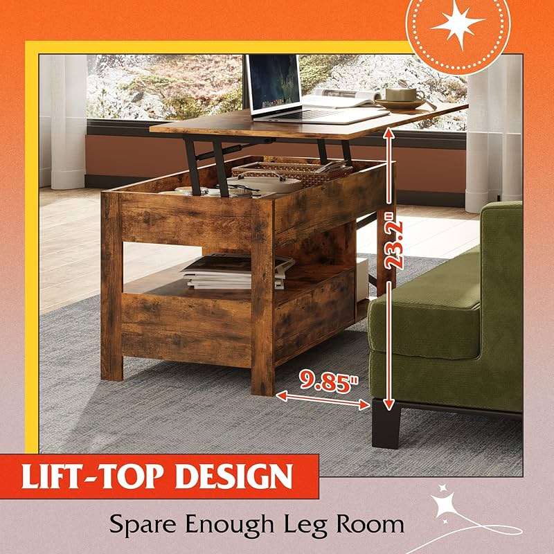 WLIVE Coffee Table, 39" Lift Top Coffee Table with Storage Drawers and Hidden Compartment for Living Room, Retro Central Table with Wooden Lift Tabletop Reception Room, Rustic Brown - Image 4