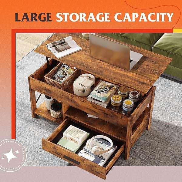 WLIVE Coffee Table, 39" Lift Top Coffee Table with Storage Drawers and Hidden Compartment for Living Room, Retro Central Table with Wooden Lift Tabletop Reception Room, Rustic Brown - Image 5
