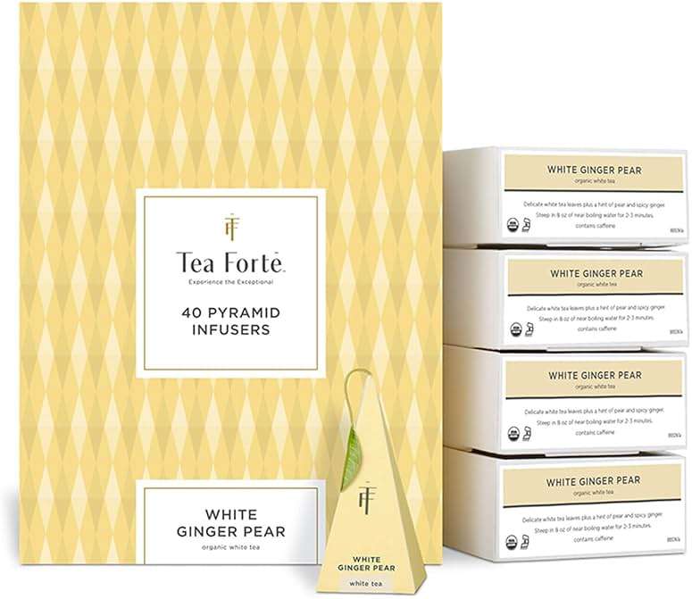 Tea Forte White Ginger Pear Premium Organic Caffeinated White Tea Blend Event Box, Bulk Pack 40 Count, 10 per tray Individually Wrapped Handcrafted Pyramid Infusers - Image 1