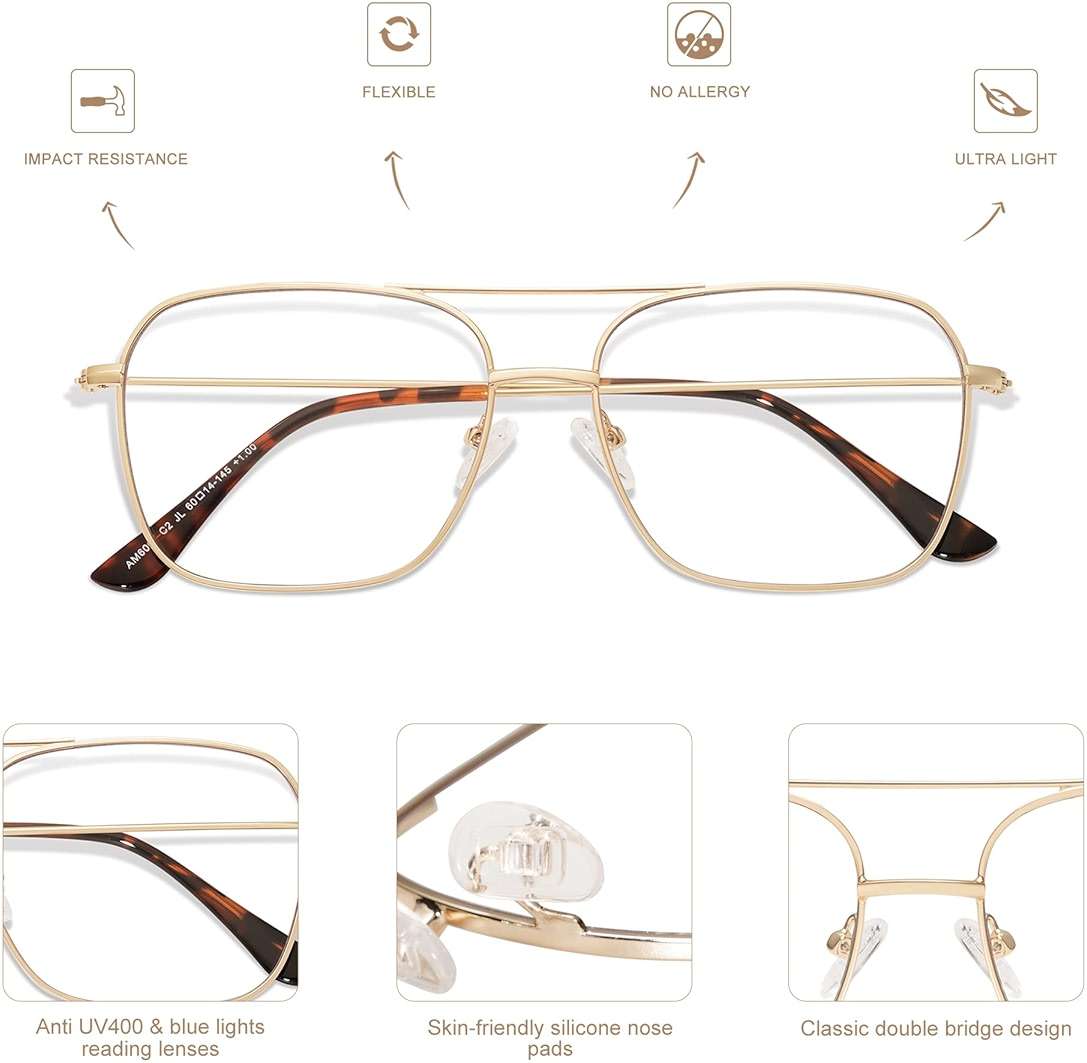 AMOMOMA Retro Reading Glasses for Women Men Aviator Square Blue Light Computer Womens Reader 1.50 2.00 AM6076 - Image 4