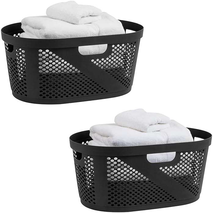 Mind Reader 40L Ventilated Laundry Baskets, Lightweight Clothes Hamper with Cutout Handles for Bathrooms and Closets, Plastic, Set of 2, Black - Image 1