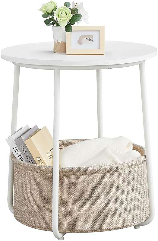 VASAGLE LILEA Collection - Small Round Side End Table, Modern Nightstand with Fabric Basket, Matte White and Camel Brown ULET223W10 - Image 1