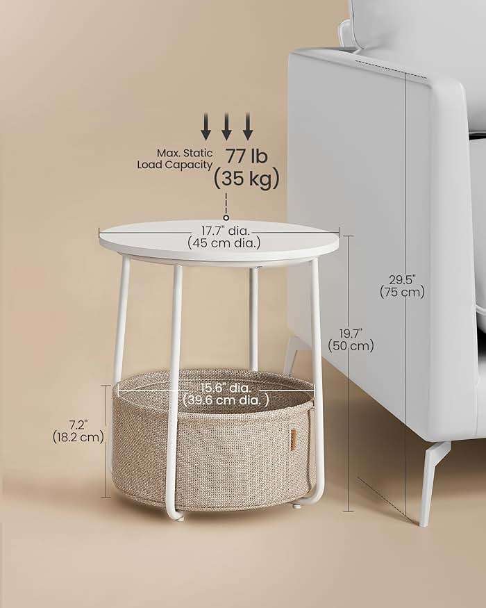 VASAGLE LILEA Collection - Small Round Side End Table, Modern Nightstand with Fabric Basket, Matte White and Camel Brown ULET223W10 - Image 3