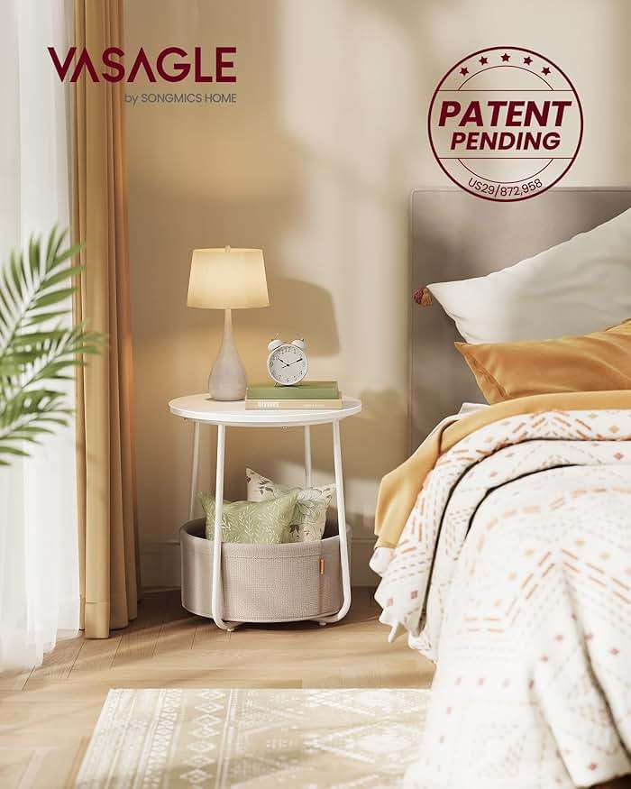 VASAGLE LILEA Collection - Small Round Side End Table, Modern Nightstand with Fabric Basket, Matte White and Camel Brown ULET223W10 - Image 4