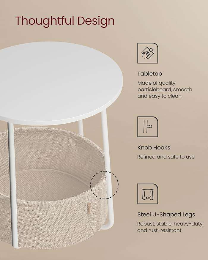 VASAGLE LILEA Collection - Small Round Side End Table, Modern Nightstand with Fabric Basket, Matte White and Camel Brown ULET223W10 - Image 5