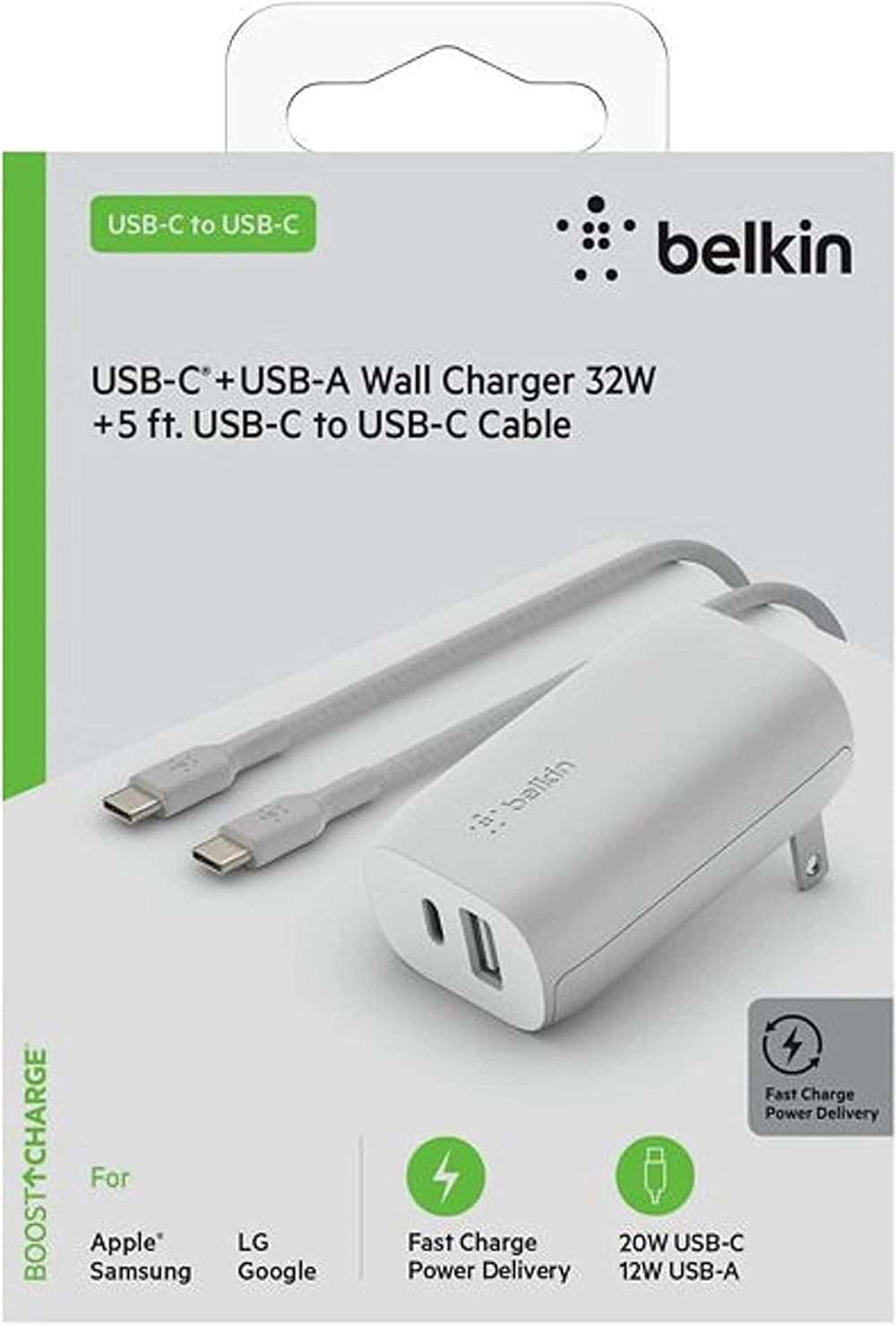 Belkin USB-C Wall Charger 32W with C to C Cable Included, PD & 20W USB-C & 12W USB-A Ports - Image 7