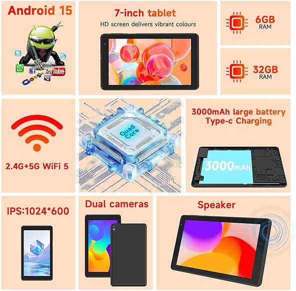 BYANDBY Tablet 7 inch Android 15.0 Tablet, 8GB+32GB ROM （1TB Expand）, Quad-Core, WiFi, GMS, Dual Camera, Educational, Games （Black） - Image 3