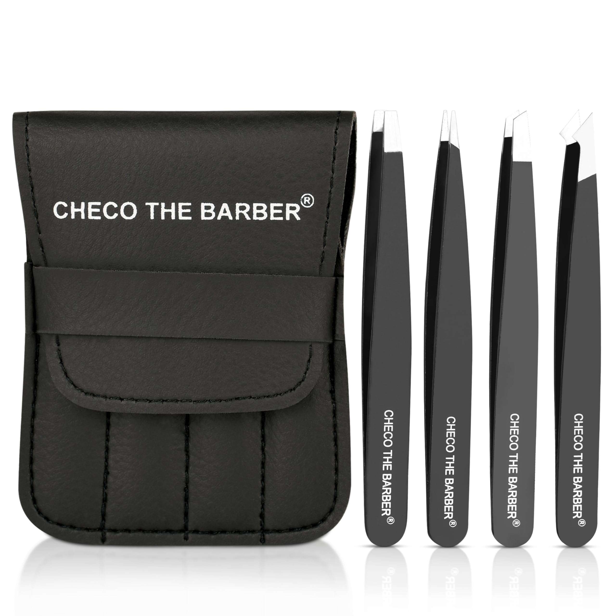 Premium Eyebrow Tweezers Set – 4 Professional Stainless Steel Tweezers with Travel Leather Case – Precision Tip, Slanted, Pointed & Flat Tweezers for Eyebrow Shaping, Ingrown Hair & Splinter Removal - Image 1