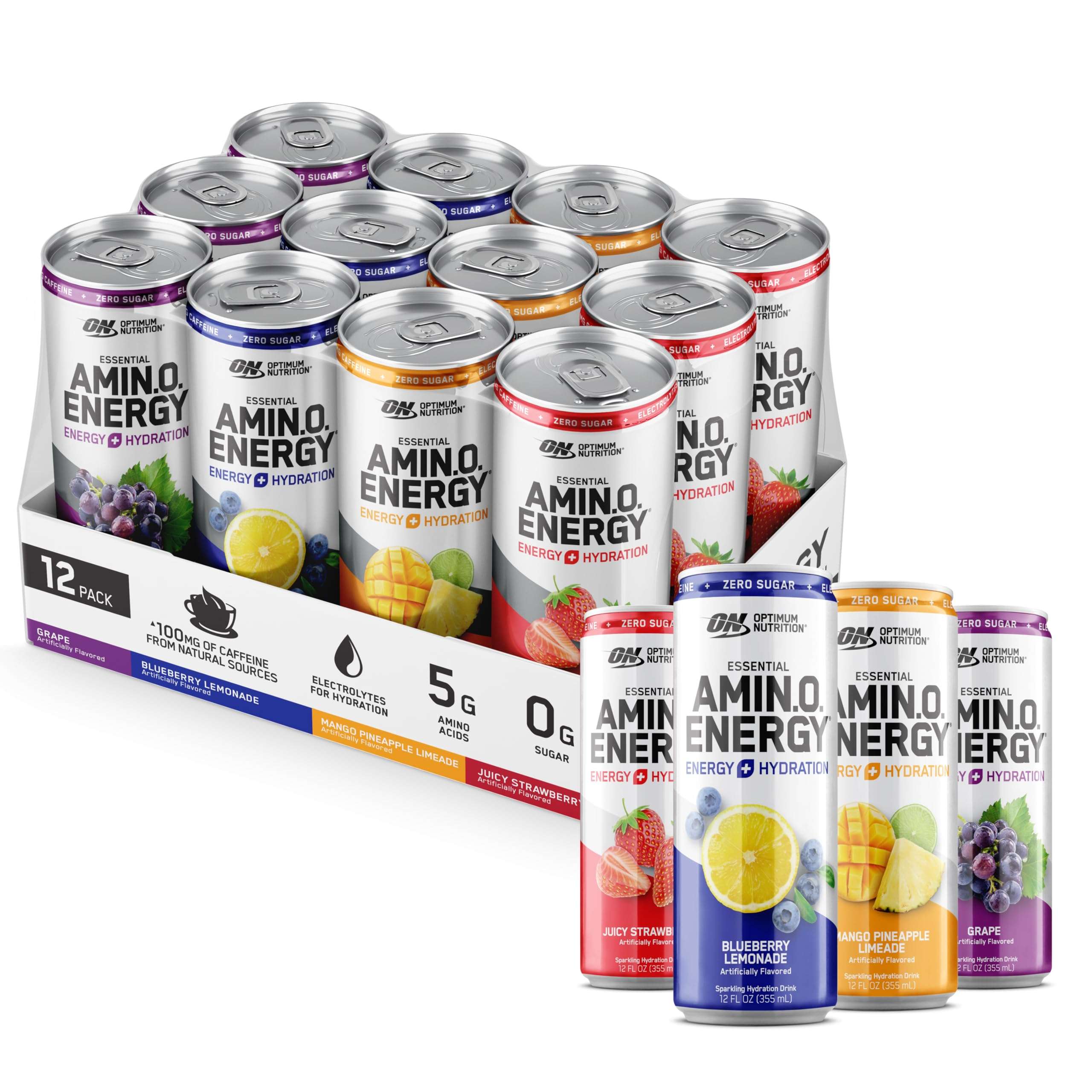 Optimum Nutrition Amino Energy Sparkling Hydration Drink, Electrolytes, Caffeine, Amino Acids, BCAAs, Sugar Free, 12 Fl Oz, Variety Pack of 12 (Packaging May Vary) - Image 1